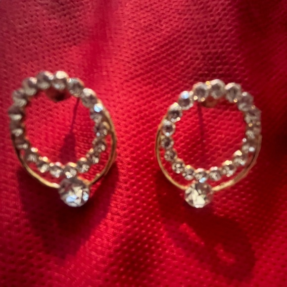 Round Gold Tone with Crystal Accents Pierced Earrings - Picture 5 of 5